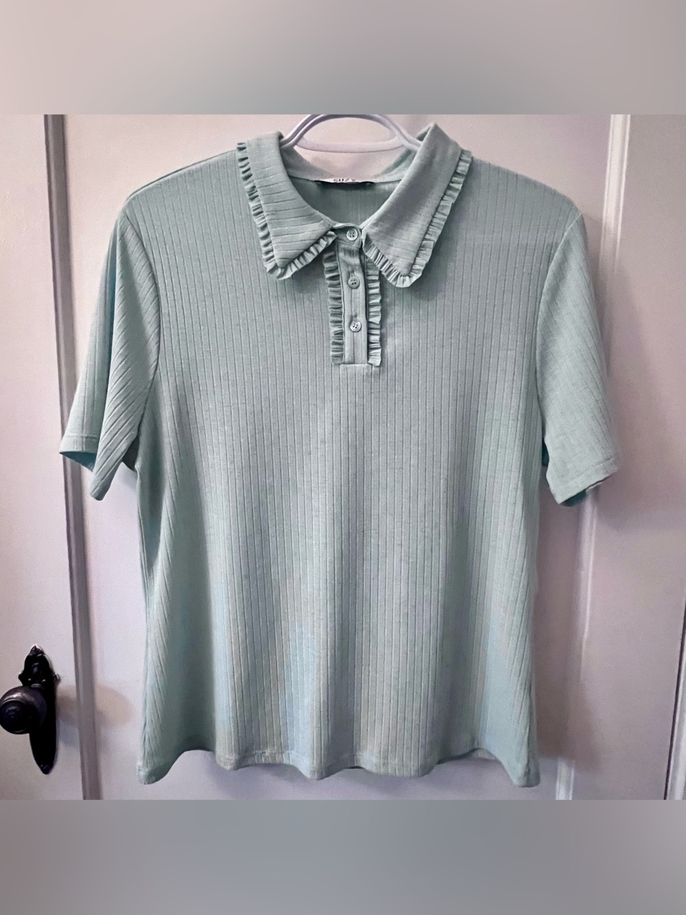 Suzy Shier Light Mint Ribbed Polo with Ruffle Trim